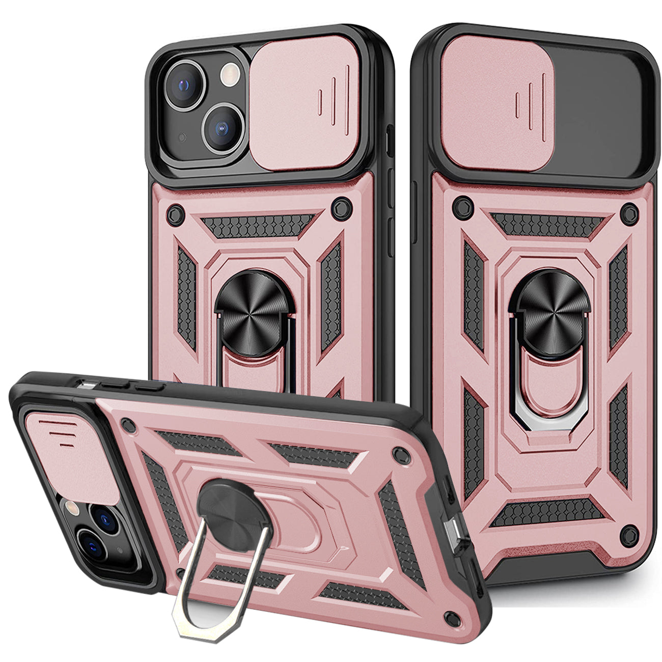 Kickstand Ring Holder & Slide Camera Cover Magnetic Car Mount for APPLE IPHONE 13 MINI In Rose gold